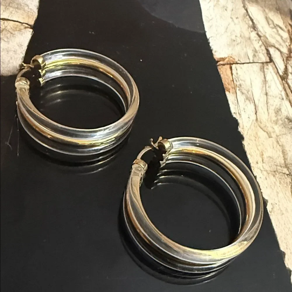 14K Gold Plated Sterling Silver & Clear 1.5 Inch Hoop Earrings BRAND NEW